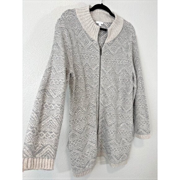 J. Jill Grey Beige Front Cardigan Aztec Print Sweater Cozy Cotton Blend Sz L - Picture 2 of 11